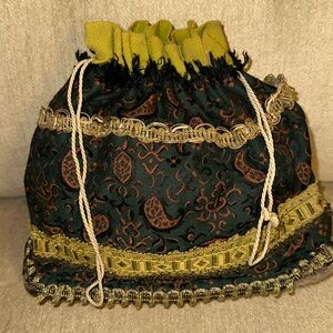 VINTAGE Handmade Drawstring Tapestry Brocade Pouch/Bag/Purse Boiled Wool